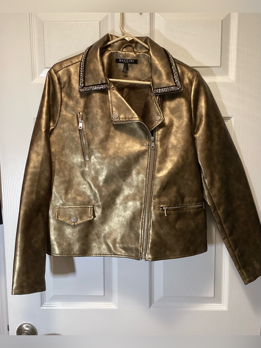 Baccini Metallic Gold Faux-Leather Moto Jacket with Embellished Collar, Size L